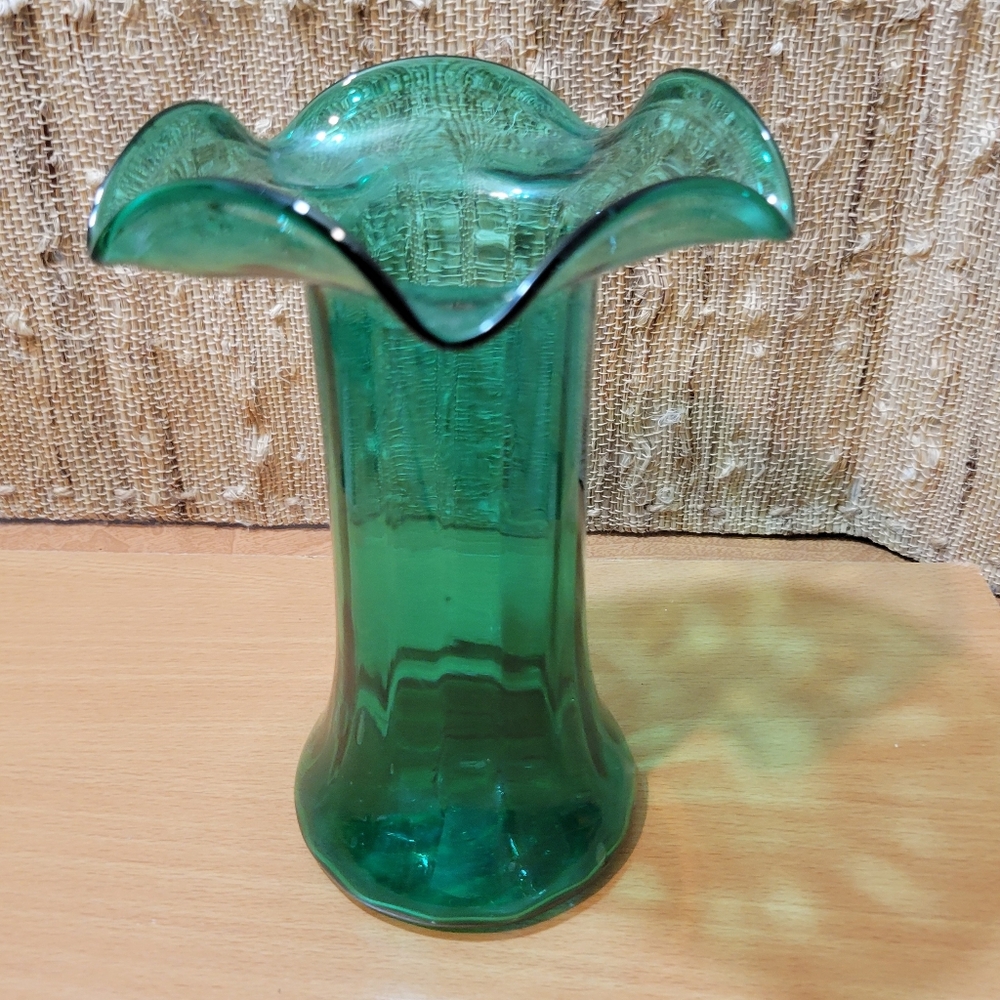 Mid-century Blenko sea green blown glass ruffled vase